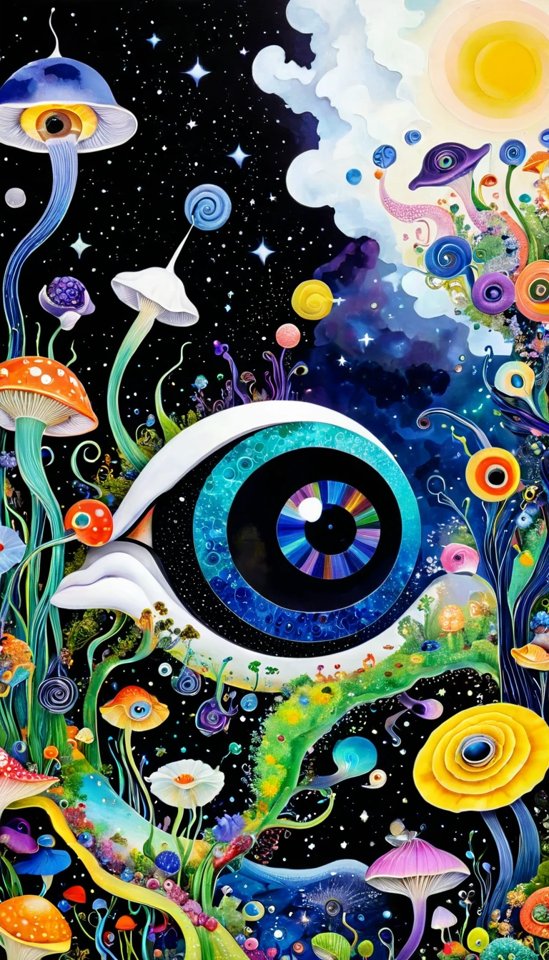 Three-dimensional painting。1snails小屋,Artists from the stars,Colorful black,A world of color,Dopamine,mouth,A cloud、snails、iris、fish、Tentacles、bird、Eye、diatom,Abstract mosaic painting,Describing the inner world of autistic people,Sense of space,White Space,interesting,Innocence,Psychedelic Art,Black overall