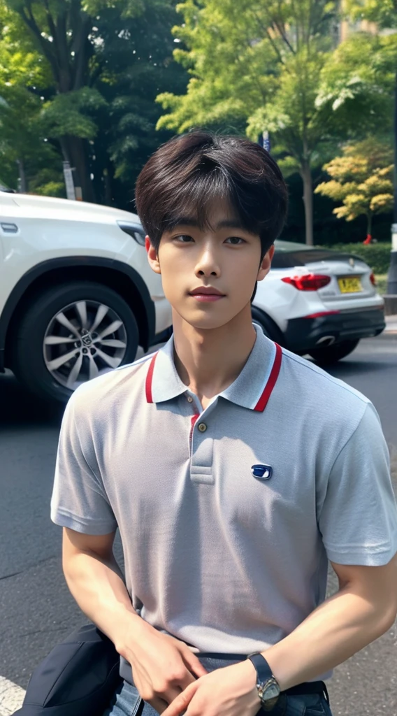 ((realistic daylight)) , Young Korean man in a navy blue polo shirt and jeans, A handsome, muscular young Asian man looks at the camera. In a simple t-shirt blue and red , roadside traffic ,((look sideways))