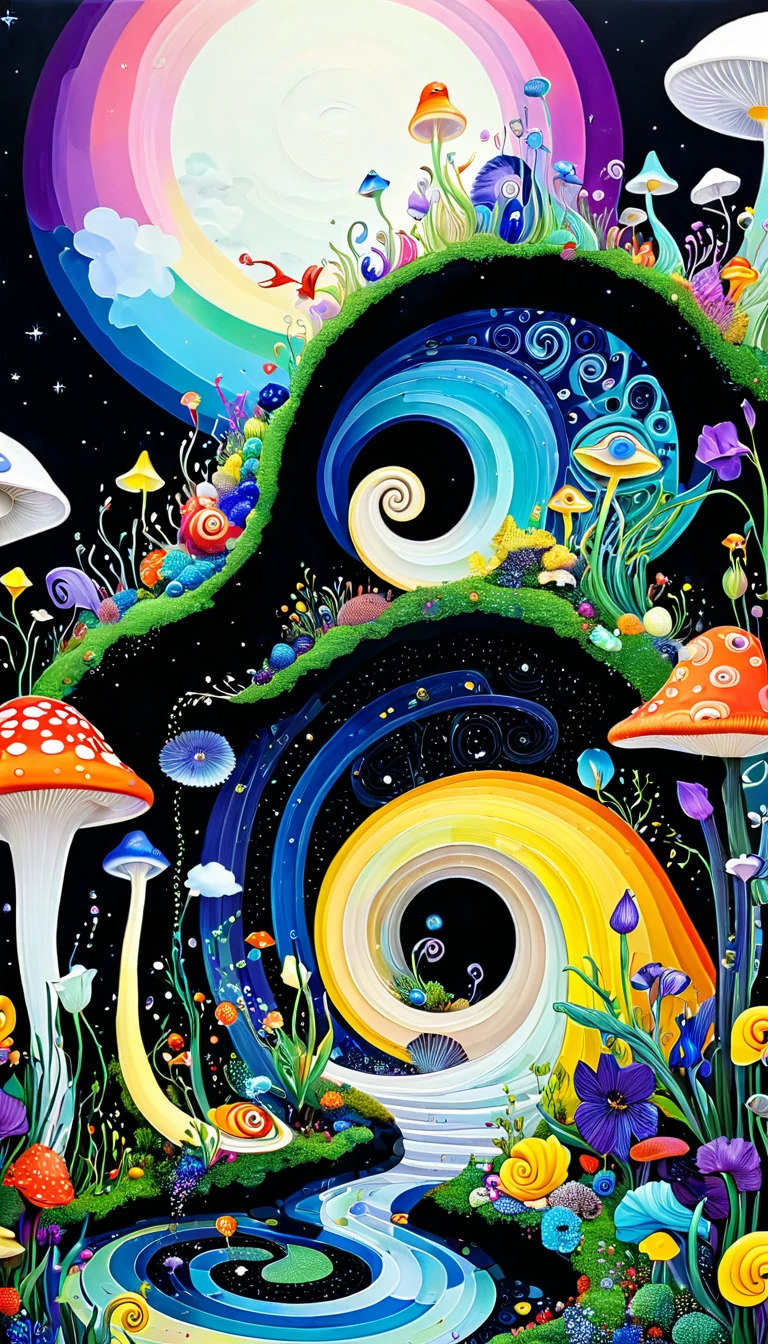 Three-dimensional painting。1snails hut,Artists from the stars,Colorful black,A world of color,Dopamine,mouth,A cloud、snails、iris、fish、Tentacles、bird、Eye、diatom,Abstract mosaic painting,Describing the inner world of autistic people,Sense of space,White Space,interesting,Innocence,Psychedelic Art,Black overall