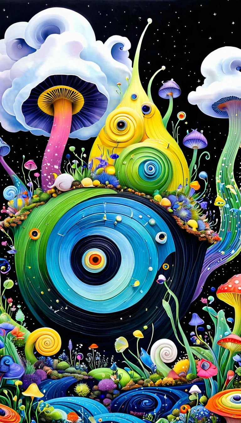 Three-dimensional painting。1snails hut,Artists from the stars,Colorful black,A world of color,Dopamine,mouth,A cloud、snails、iris、fish、Tentacles、bird、Eye、diatom,Abstract mosaic painting,Describing the inner world of autistic people,Sense of space,White Space,interesting,Innocence,Psychedelic Art,Black overall