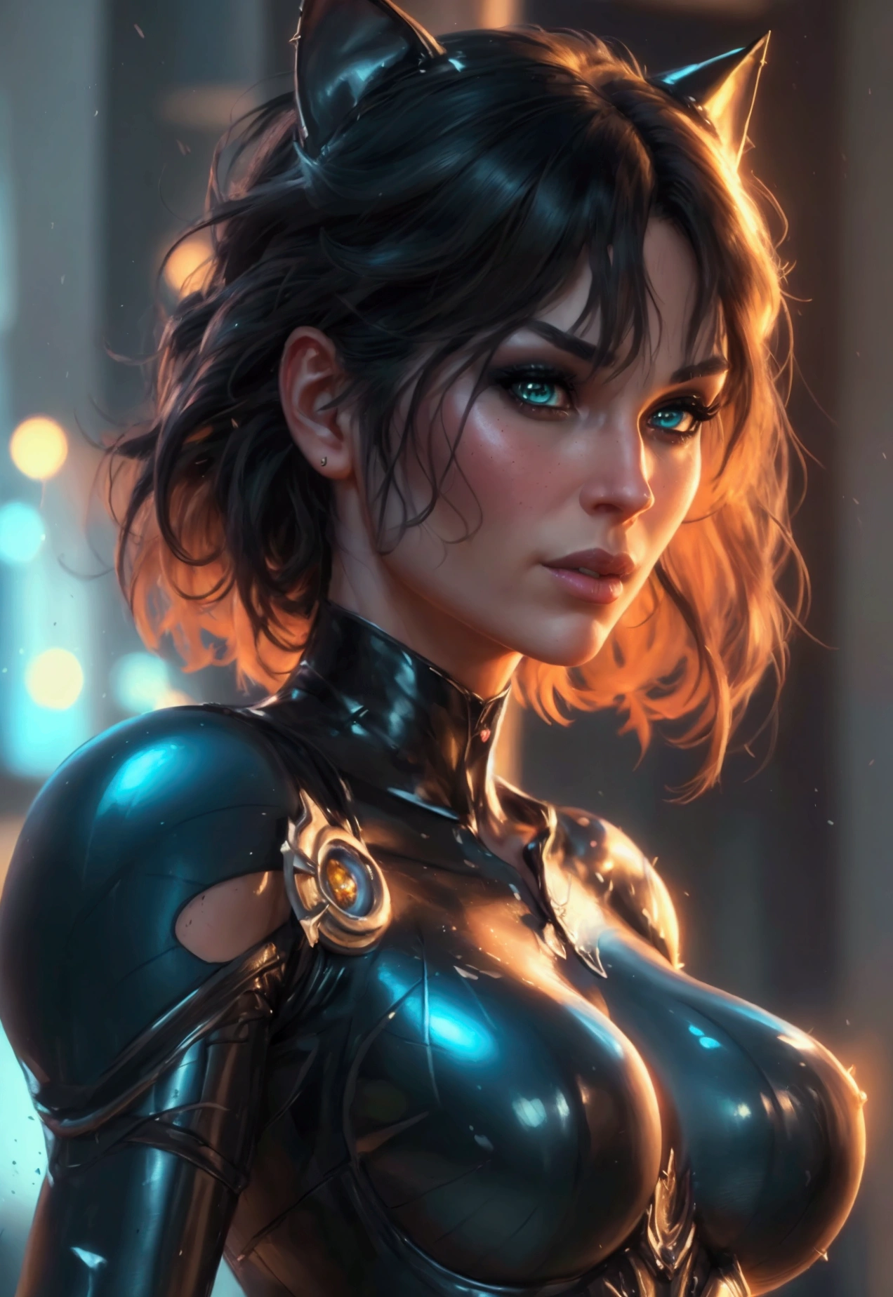 a beautiful detailed catwoman from dc comics, hyper realistic, extremely detailed, extremely detailed face and eyes, detailed skin texture, (best quality,4k,8k,highres,masterpiece:1.2),ultra-detailed,(realistic,photorealistic,photo-realistic:1.37),HDR,UHD,studio lighting,ultra-fine painting,sharp focus,physically-based rendering,extreme detail description,professional,vivid colors,bokeh,fantasy,concept art,dynamic pose,muscular arms,strong legs,perfect shapely ass,high fantasy armor,large breasts,slender curvy body,thin waist,extremely detailed facial features,piercing eyes,lustrous skin