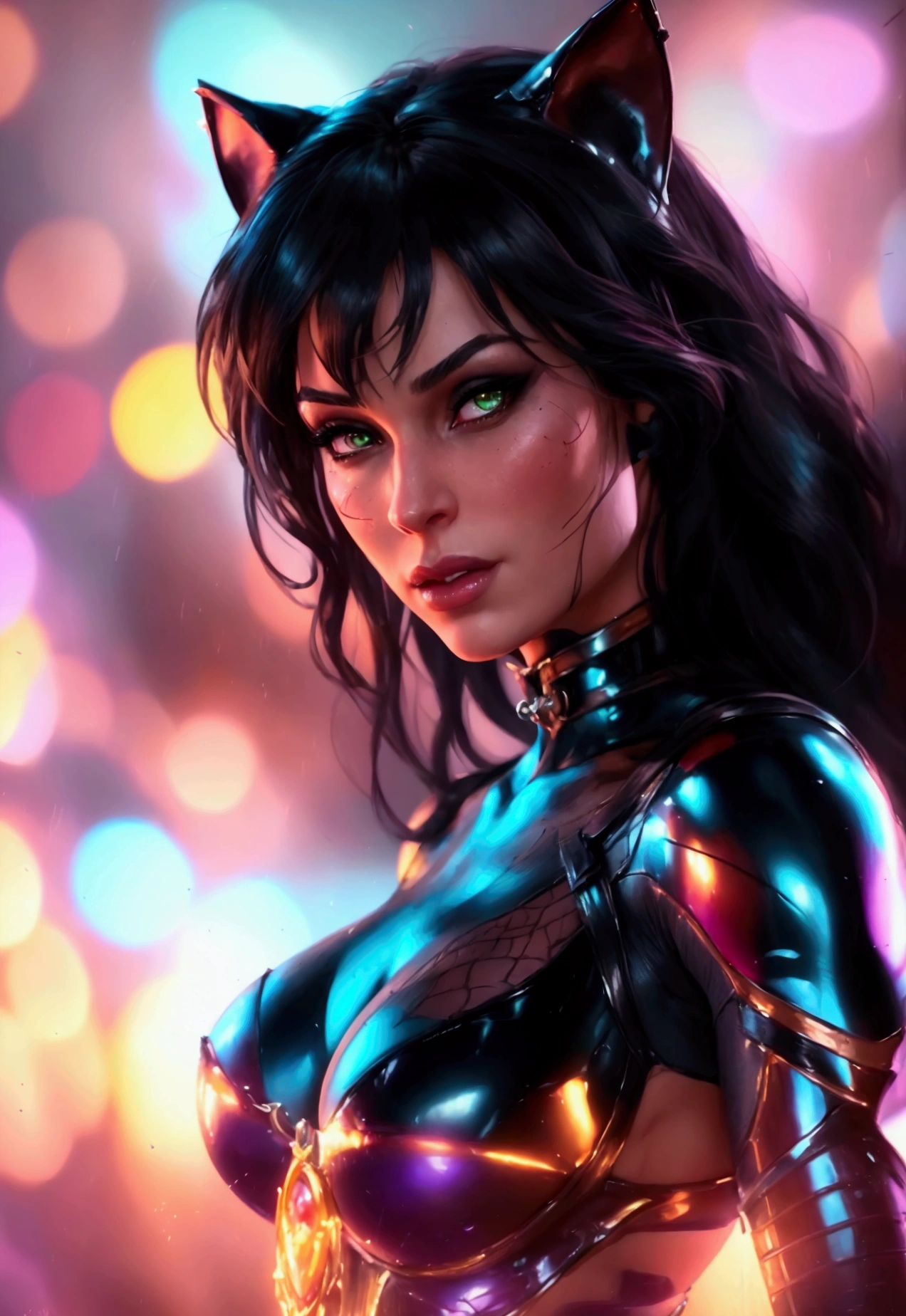 a beautiful detailed catwoman from dc comics, hyper realistic, extremely detailed, extremely detailed face and eyes, detailed skin texture, (best quality,4k,8k,highres,masterpiece:1.2),ultra-detailed,(realistic,photorealistic,photo-realistic:1.37),HDR,UHD,studio lighting,ultra-fine painting,sharp focus,physically-based rendering,extreme detail description,professional,vivid colors,bokeh,fantasy,concept art,dynamic pose,muscular arms,strong legs,perfect shapely ass,high fantasy armor,large breasts,slender curvy body,thin waist,extremely detailed facial features,piercing eyes,lustrous skin