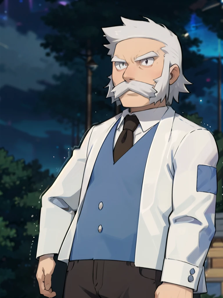 ProfessorRowan, solo, looking at viewer, shirt, 1boy, closed mouth, white shirt, upper body, white hair, male focus, outdoors,brown coat, necktie, collared shirt, blurry, night, blurry background, parody, formal, style parody