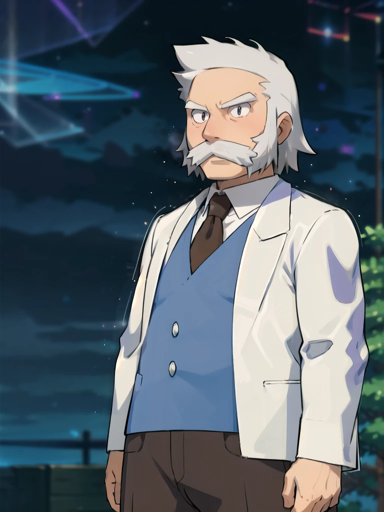 ProfessorRowan, solo, looking at viewer, shirt, 1boy, closed mouth, white shirt, upper body, white hair, male focus, outdoors,brown coat, necktie, collared shirt, blurry, night, blurry background, parody, formal, style parody