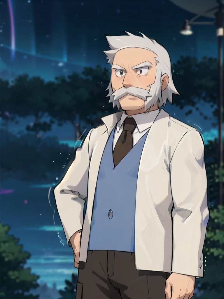 ProfessorRowan, solo, looking at viewer, shirt, 1boy, closed mouth, white shirt, upper body, white hair, male focus, outdoors,brown coat, necktie, collared shirt, blurry, night, blurry background, parody, formal, style parody