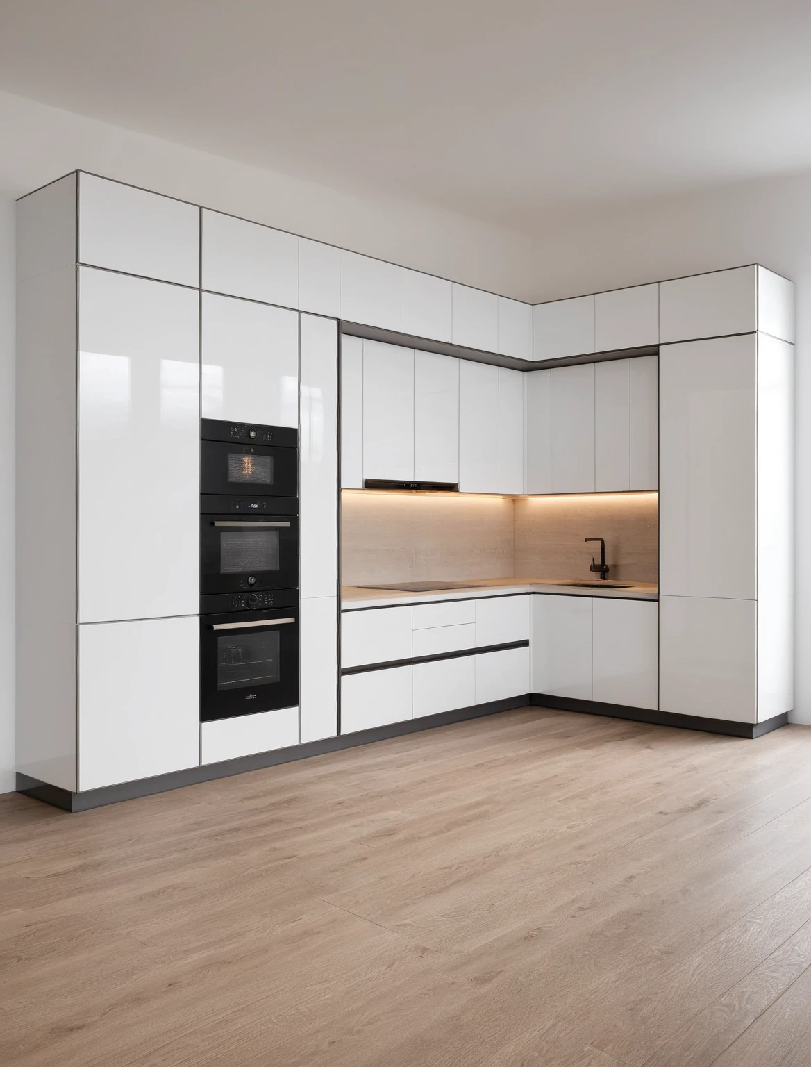 Raw photo,Masterpiece, high quality, best quality, authentic, super detail, interior , sunset, daylight, Kitchen Cabinets style modern, Induction cooker, sink, faucet, oven, built-in microwave, wooden floor, hood, wine cabinet, ((WHITE tones))