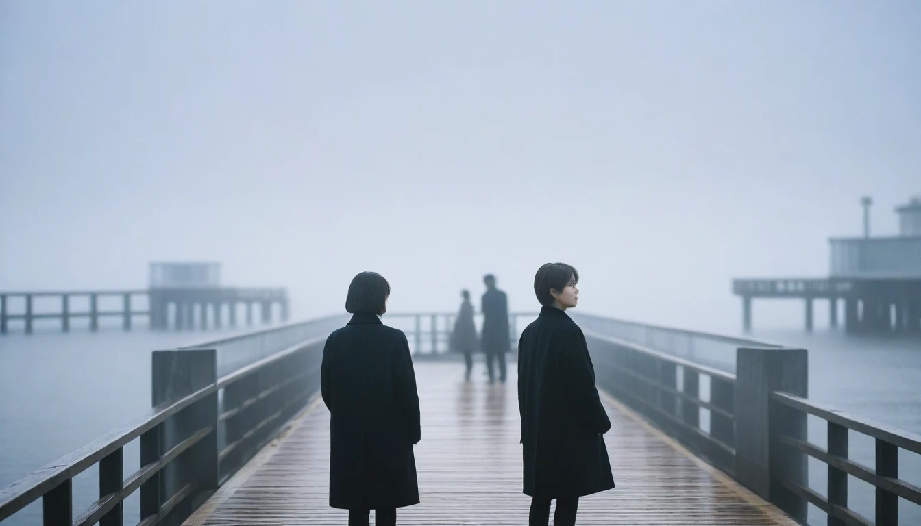 A 36-year-old Korean woman, short hair, Black coat, Solitary, rain, FOG, cold, boring, , pier, only, 멀리 Vaguely visible 등대, coastal, The dim light shines in the FOG,and the figure stands in the FOG holding ,毛毛rain, (명암대rain, light, shadow, film grain, Anatomically correct, precise, Awards, 8K) Realistic photos, Full body shot taken with Canon 16-35 wide angle lens, Natural appearance, Vaguely visible