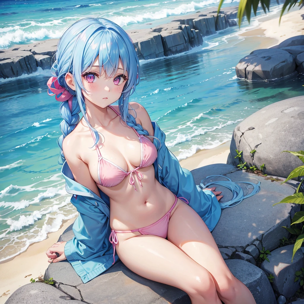 (Sky blue medium hair),(Braided hair tied together)、Pink eyes、Fair skin、(whole body)、(One Girl)、bikini、Shining white sand beach in midsummer、Okinawa's ocean、A happy smile、、(masterpiece、Highest quality、Very detailed、Best Shadow)、(Detailed Background)、(Beautifully detailed face)、High contrast、(Best lighting、Very delicate and beautiful)、((Cinematic Light))、colorful、Hyper Detail、Dramatic Light、Exquisite detail、Standing with your legs apart