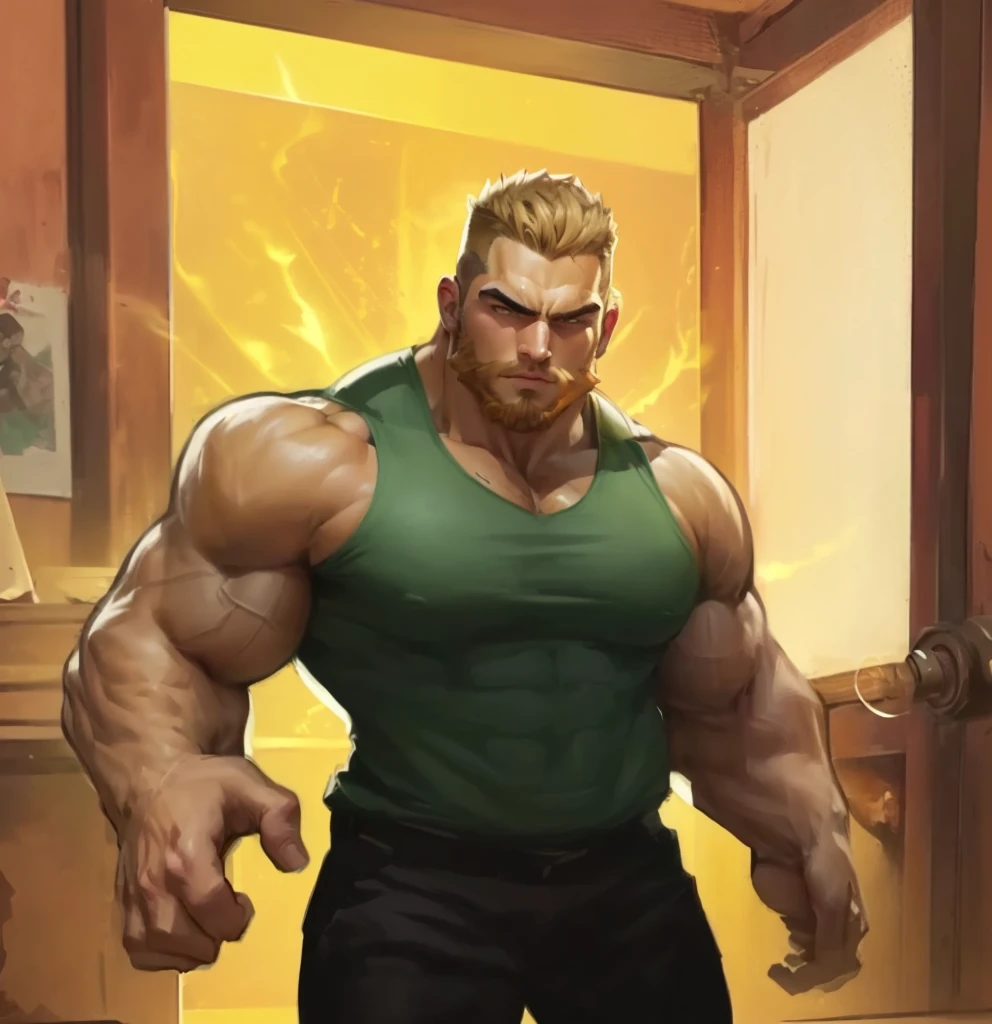 there is a cartoon of a man with a beard and a green shirt, buff man, very buff, super buff and cool, big muscle, muscular character, muscular male hero, manly monster tough guy, buff painting, big muscles, muscular!, musclebound and hulking, beefy, heavy looking, gigachad muscular, big arms, robust stocky body