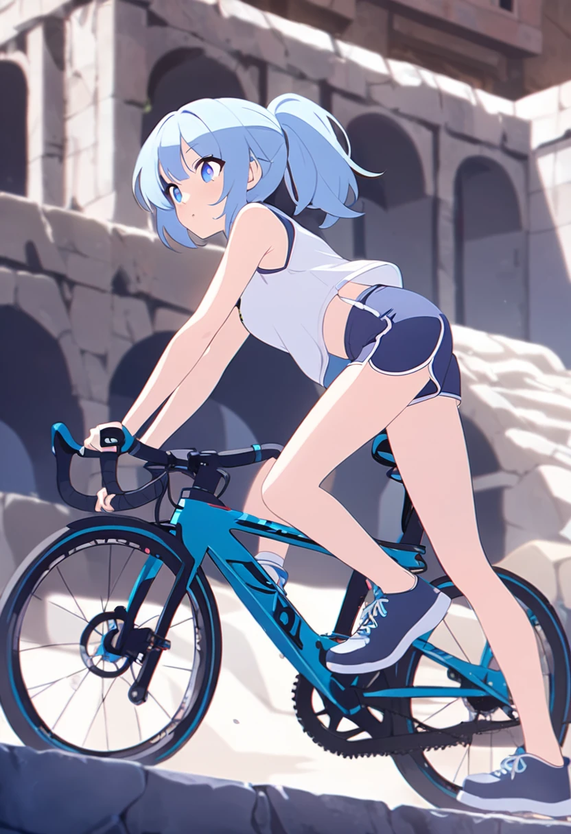 1girl, ponytail, blue hair, blue eyes, rides a bicycle, dolphin shorts, short shorts, maritime ruins
