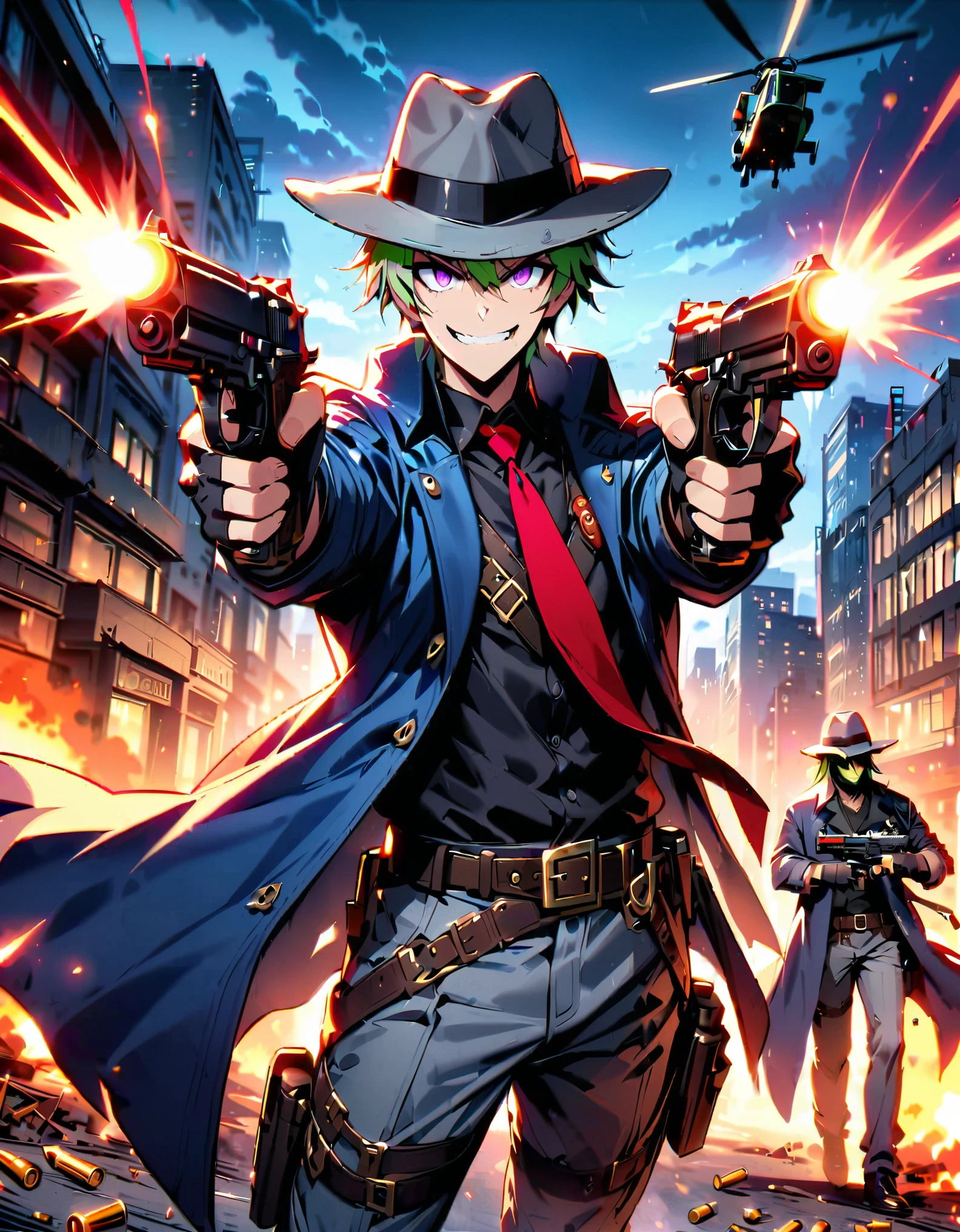 (masterpiece), (best quality), (hires), pulp comic character design, solo, solo focus, 1 young green-haired man, 1man, purple eyes, full body shot, crazed cowboy mercenary on modern setting, city backdrop, ((police helicopter)), nighttime, cowboy shot, ((grey hat, fedora), black shirt, (red necktie), long dark blue coat, fingerless gloves), (grey pants, belt buckle, shoes), deranged look, evil grin, looking at viewer (firing dual pistols, beretta 92, shell casings, finger on trigger), spaghetti western atmosphere