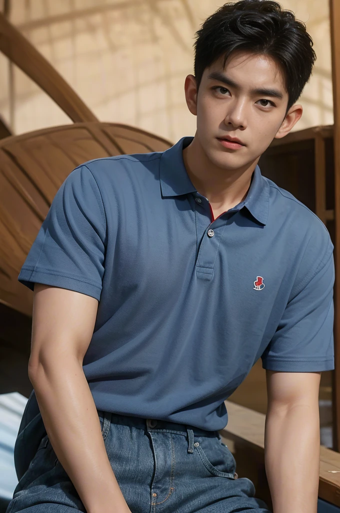 ((realistic daylight)) , Young Korean man in a navy blue polo shirt and jeans, A handsome, muscular young Asian man looks at the camera. In a simple t-shirt blue and red , roadside traffic ,((look sideways))