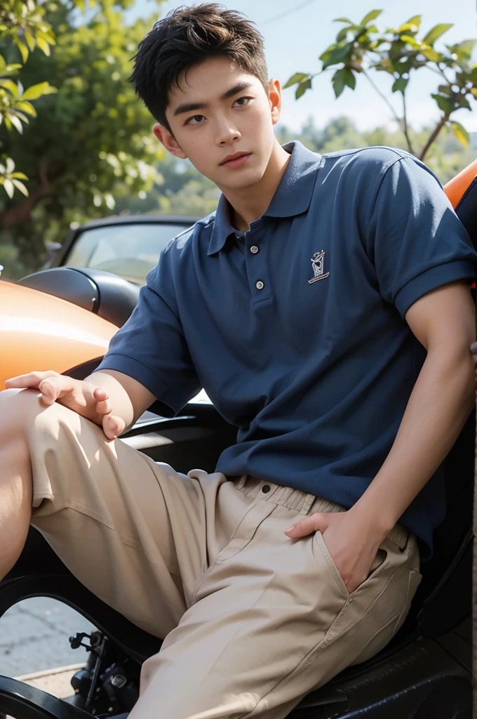 ((realistic daylight)) , Young Korean man in a navy blue polo shirt and jeans, A handsome, muscular young Asian man looks at the camera. In a simple t-shirt blue and red , roadside traffic ,((look sideways))