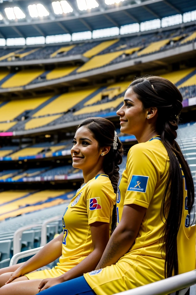 Wedding couple In a stadium in the stands sitting with their backs to themselves watching the game celebrating. With the yellow Colombia shirt the girl with number 27 and the name Dany, The Boy with the name on Luis's back With the number 27 Celebrating