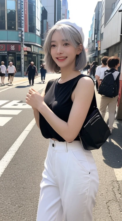 (Woman walking on the street in Tokyo:1.3、smile、The background is a street corner:1.5)、(Realistic、Like a photograph、Live Action、8K, Realistic, RAW Photos, Best image quality: 1.4), Single-lens reflex camera、RAW Photos, Highest quality, Realistic, Very detailedな CG Unity 8K 壁紙, Written boundary depth, Cinematic Light, Lens flare, Ray Tracing, Realistic background、(Equipped:1.5、Wide々AndＴshirt:1.2、(Wide leg pants)、Small breasts:1.37、((Shoulder bag)))、((ultra high density skin))、 1 female,Cute Japanese Woman、Girl going to work、((whole body:1.5)，smile、(Silver Hair、Very short hair:1.3、Shortcuts、Wear a hat)、I like that style、stylish、Very detailed、Pay attention to the details、Perfect outfit、(Sunburned skin)、Beautiful feet:1.1，Anatomically correct body、Accurate Fingers、Are standing、View from the front