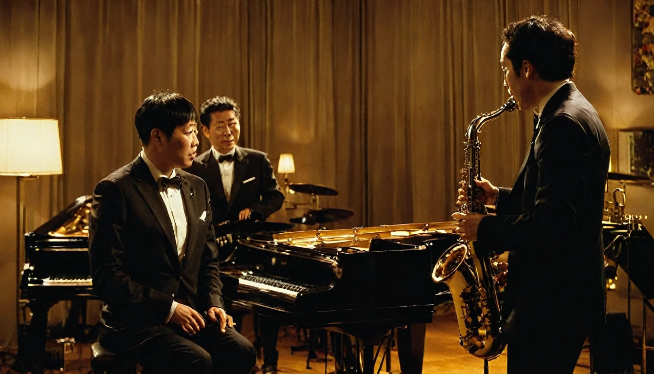 woman３A two-man jazz band playing in a dimly lit room、womanは美人で色っぽい、