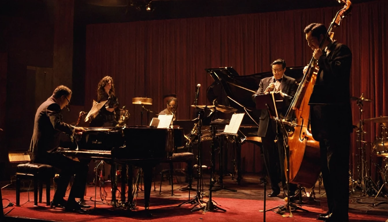woman３A two-man jazz band playing in a dimly lit room、womanは美人で色っぽい、