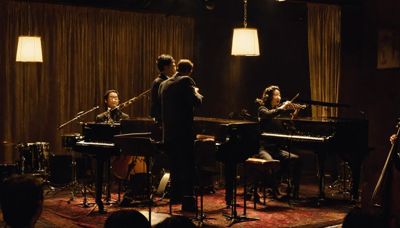 woman3A two-man jazz band playing in a dimly lit room、womanは美人で色っぽい、