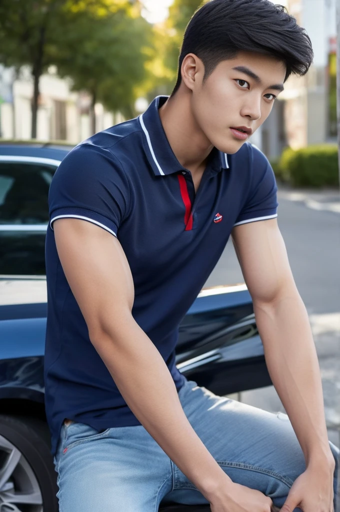 ((realistic daylight)) , Young Korean man in a navy blue polo shirt and jeans, A handsome, muscular young Asian man looks at the camera. In a simple t-shirt blue and red , roadside traffic ,((look sideways))