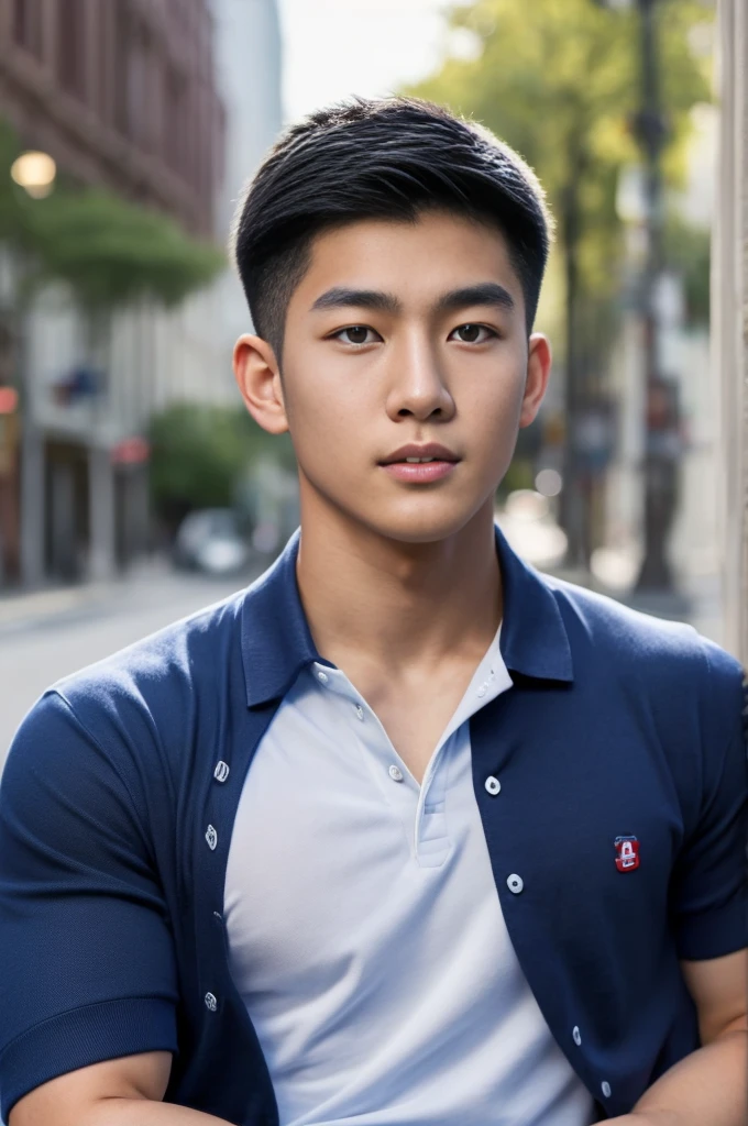 ((realistic daylight)) , Young Korean man in a navy blue polo shirt and jeans, A handsome, muscular young Asian man looks at the camera. In a simple t-shirt blue and red , roadside traffic ,((look sideways))