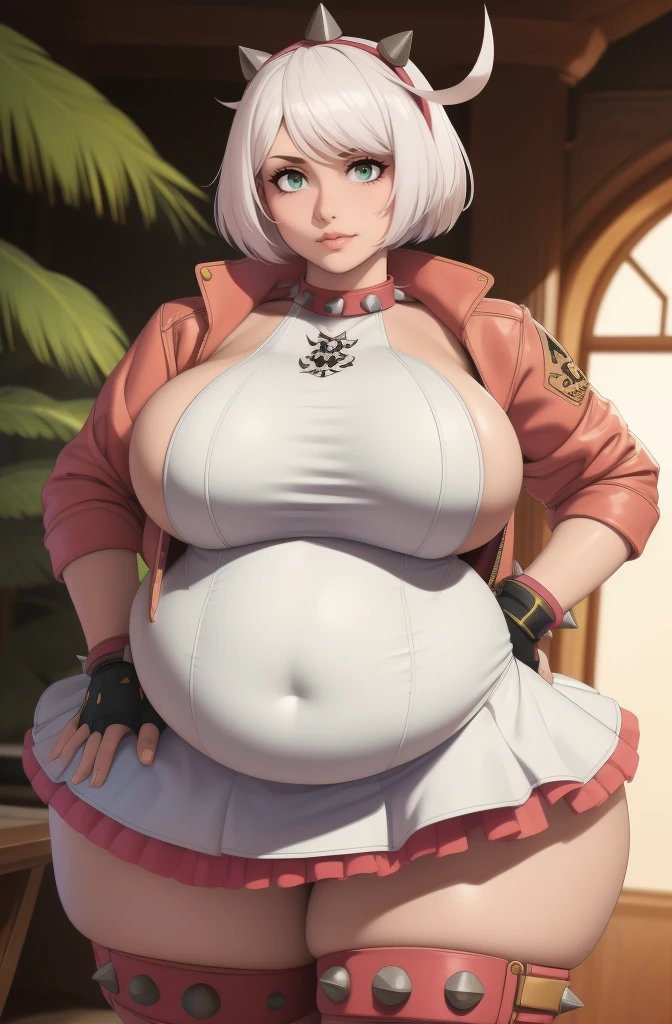 (best quality,4k,8k,highres,masterpiece:1.2), ultra-detailed, (realistic,photorealistic,photo-realistic:1.37), HDR, UHD, studio lighting, ultra-fine painting, sharp focus, physically-based rendering, extreme detail description, professional, vivid colors, bokeh, portraits, photography, (best quality,masterpiece:1.3), (mature woman, milf), (tall:1.2), anime, masterpiece, beautiful eyes, best quality, detailed face, 1girl, solo, beautiful, striveelphelt, ahoge, hairband, jacket, dress, fingerless gloves, thighhighs, spiked collar, spiked bracelet, cowboy shot, huge breasts, huge belly, bloated belly, stuffed belly, plump, chubby, curvy, chubby girl, belly, big belly, fat belly, soft shading, detailed, semi-realistic, sciamano240