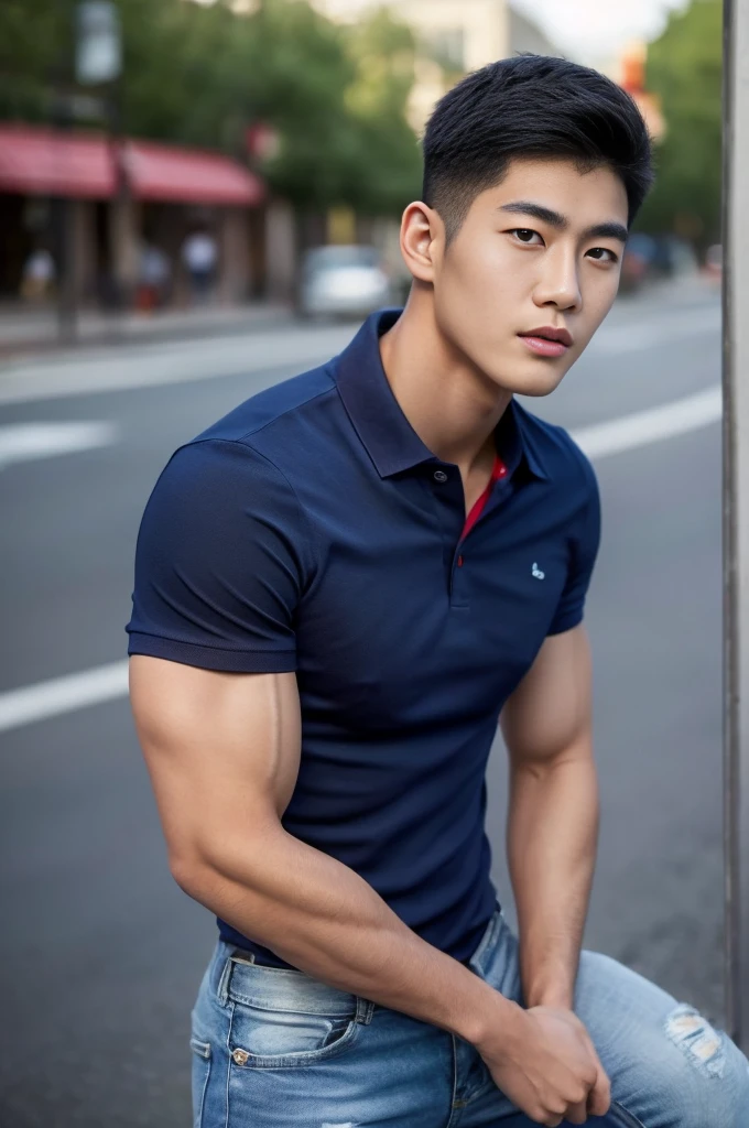 ((realistic daylight)) , Young Korean man in a navy blue polo shirt and jeans, A handsome, muscular young Asian man looks at the camera. In a simple t-shirt blue and red , roadside traffic ,((look sideways))
