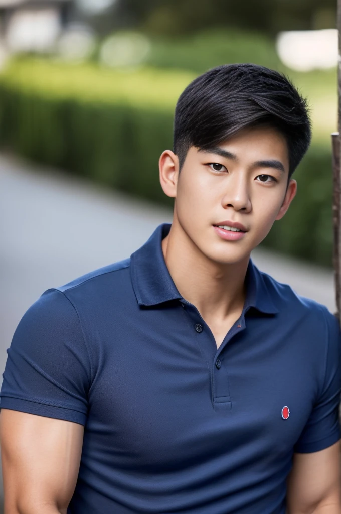 ((realistic daylight)) , Young Korean man in a navy blue polo shirt and jeans, A handsome, muscular young Asian man looks at the camera. In a simple t-shirt blue and red , roadside traffic ,((look sideways))