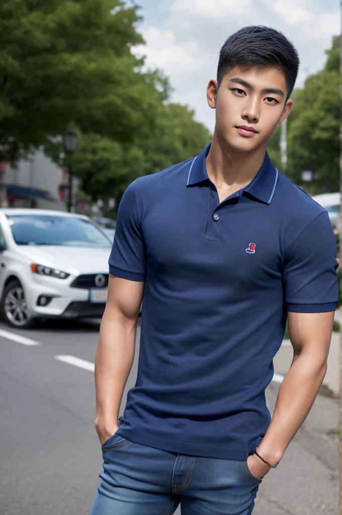 ((realistic daylight)) , Young Korean man in a navy blue polo shirt and jeans, A handsome, muscular young Asian man looks at the camera. In a simple t-shirt blue and red , roadside traffic ,((look sideways))