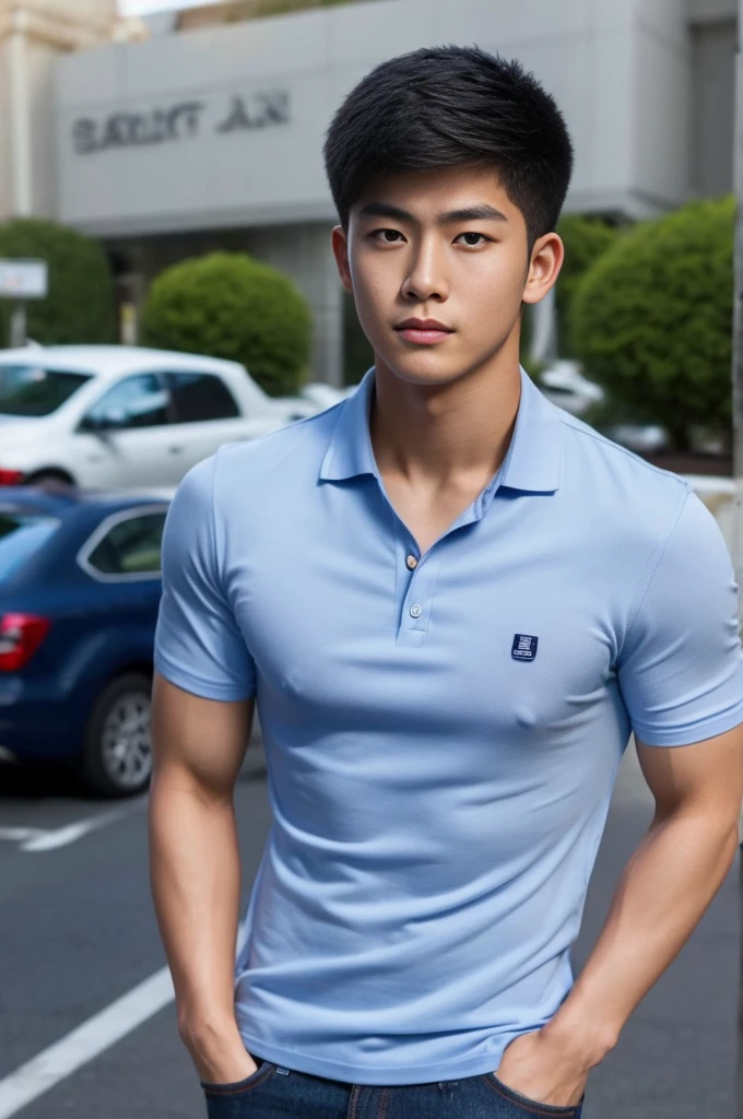 ((realistic daylight)) , Young Korean man in a navy blue polo shirt and jeans, A handsome, muscular young Asian man looks at the camera. In a simple t-shirt blue and red , roadside traffic ,((look sideways))