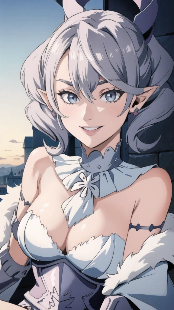 Beautiful arts wallpaper Sunset Outside castle top High level image quality best image quality 8K adult woman silver castle outside more colors whole body view portrait bikini blue horn ears short hair((shortcut)(gray hair)(perm)(fluffy)) eye color is blue , , attractive evil face , smile , heroic stance , labrynth , barearm ,gloves , wearing pink , sitting , fully dressed