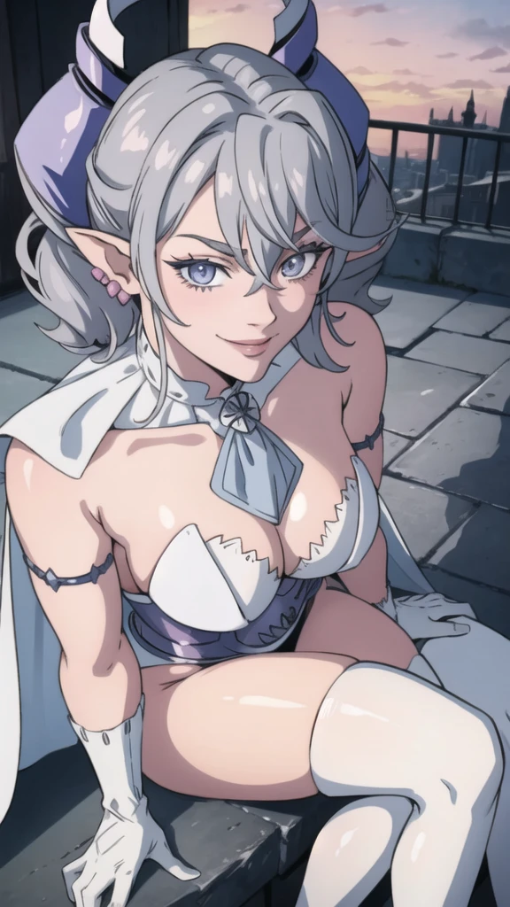 Beautiful arts wallpaper Sunset Outside castle top High level image quality best image quality 8K adult woman silver castle outside more colors whole body view portrait bikini blue horn ears short hair((shortcut)(gray hair)(perm)(fluffy)) eye color is blue , , attractive evil face , smile , heroic stance , labrynth , barearm ,gloves , wearing pink , sitting , fully dressed