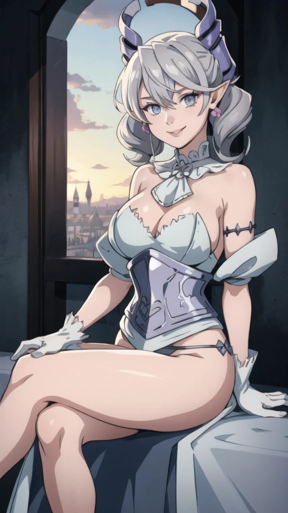 Beautiful arts wallpaper Sunset Outside castle top High level image quality best image quality 8K adult woman silver castle outside more colors whole body view portrait bikini blue horn ears short hair((shortcut)(gray hair)(perm)(fluffy)) eye color is blue , , attractive evil face , smile , heroic stance , labrynth , barearm ,gloves , wearing pink , sitting , fully dressed
