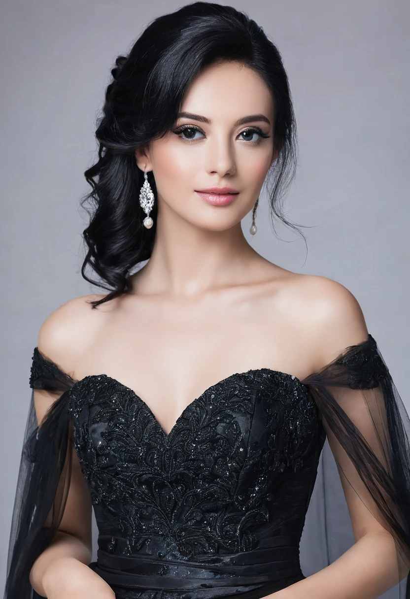 A Beauty Woman with black hair using a black wedding dress
