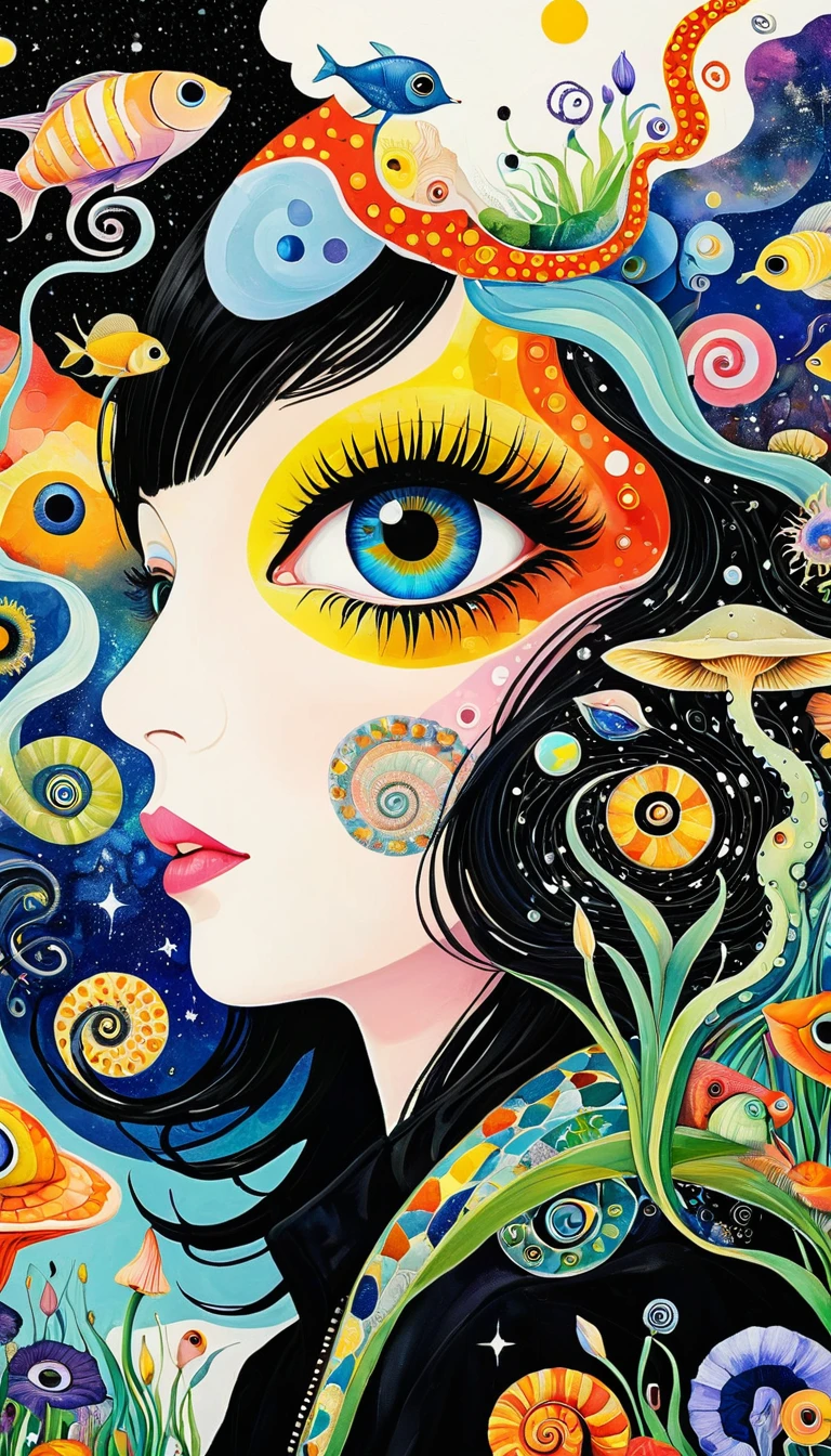 Picasso。1snails小屋，Artists from the stars，Colorful black，A world of color，Dopamine，mouth，A cloud、snails、iris、fish、Tentacles、bird、Eye、diatom，Abstract mosaic painting，Describing the inner world of autistic people，Sense of space，White Space，interesting，Innocence，Psychedelic Art，Black overall