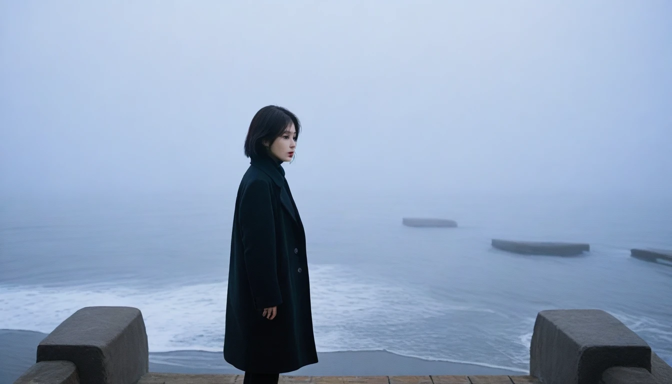 1 36-year-old Korean woman, Short hair, black coat, alone, rain, Fog, cold, boring, , pier, Only, 멀리 Faintly visible 등대, Coast, I see waves far away. The dim light shines in the Fog,and the figure stands in the Fog holding ,drizzling, (명암대rain, cinematic lighting, shadow, film grain, anatomically correct, accurate, Awards, 8K) realistic photo, Full body shot with Canon camera 16-35 wide angle lens, natural appearance, Faintly visible