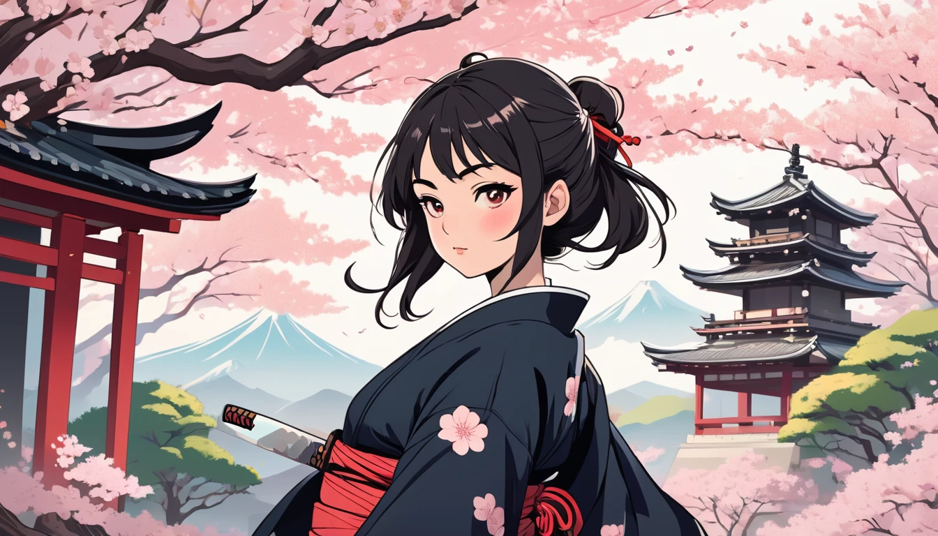 Female samurai,knife,Background is cherry blossoms and a Japanese temple、 Wide-angle lens, Lofi Anime, Lofi illustration, Aesthetic atmosphere, Lo-Fi Style, Vector art, Flat Design, Simple shape, Warm tones, Pleasant atmosphere, Chill, In anime style, Digital drawing, Vector art, Vector logo for t-shirt printing, (Adorable:1.5), (small:1.4), (Playful:1.2), (soft:1.3), (Whimsical:1.1), masterpiece, Highest quality, 8K, Intricate details, grow, Celestial, Mysterious, Picturesque, amazing, Majestic, Magic, Fantasy art, Cover art, dream-like