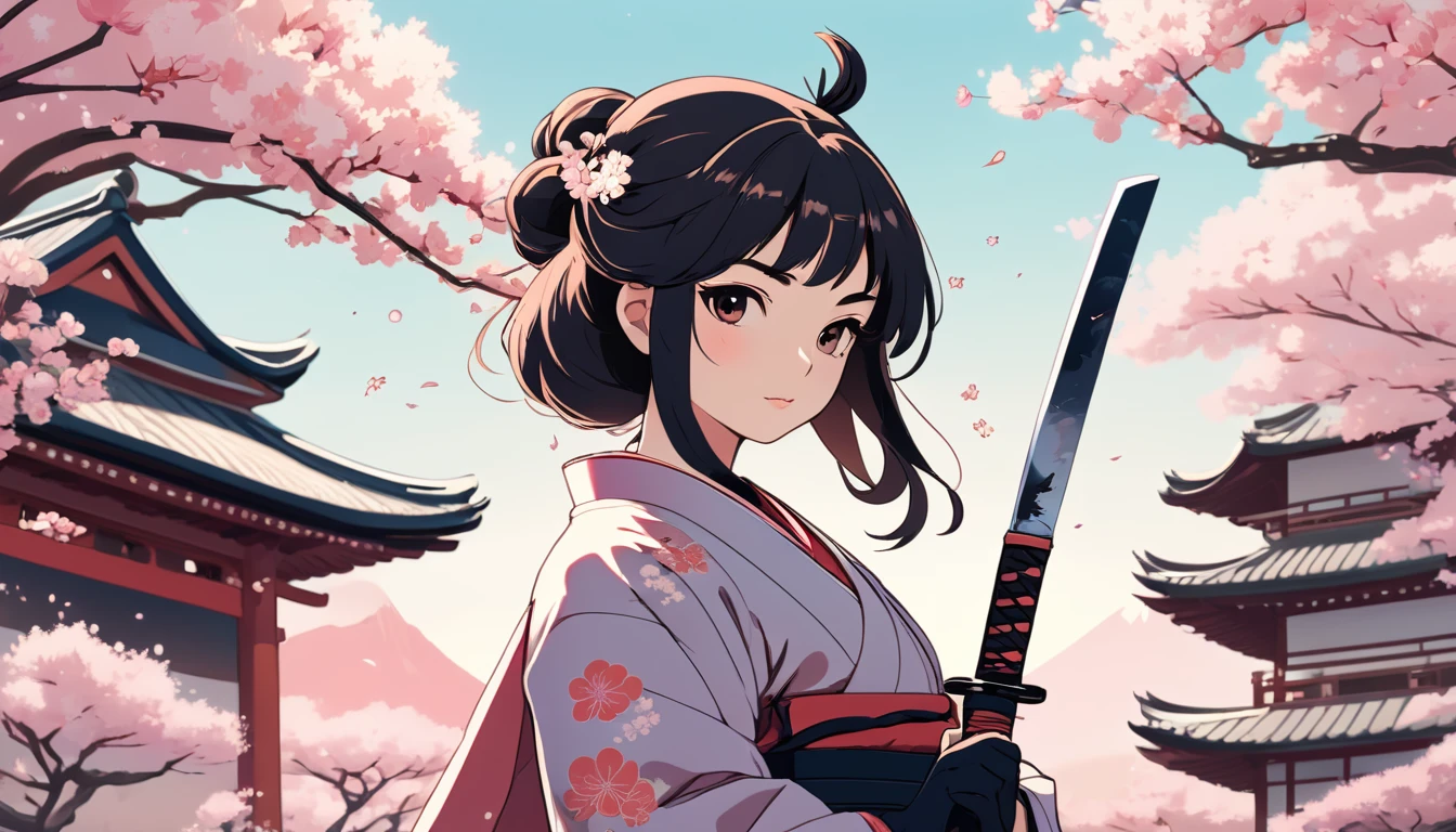 Female samurai,knife,Background is cherry blossoms and a Japanese temple、 Wide-angle lens, Lofi Anime, Lofi illustration, Aesthetic atmosphere, Lo-Fi Style, Vector art, Flat Design, Simple shape, Warm tones, Pleasant atmosphere, Chill, In anime style, Digital drawing, Vector art, Vector logo for t-shirt printing, (Adorable:1.5), (small:1.4), (Playful:1.2), (soft:1.3), (Whimsical:1.1), masterpiece, Highest quality, 8K, Intricate details, grow, Celestial, Mysterious, Picturesque, amazing, Majestic, Magic, Fantasy art, Cover art, dream-like