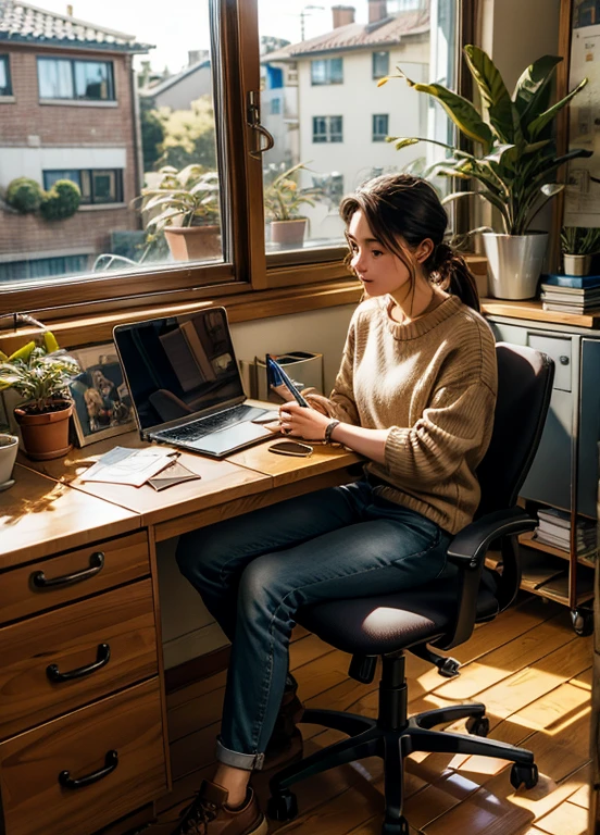 A person sitting at a desk, working on a laptop. The desk has a cup of coffee, some books, and a potted plant. The background is a cozy home office with warm lighting.
