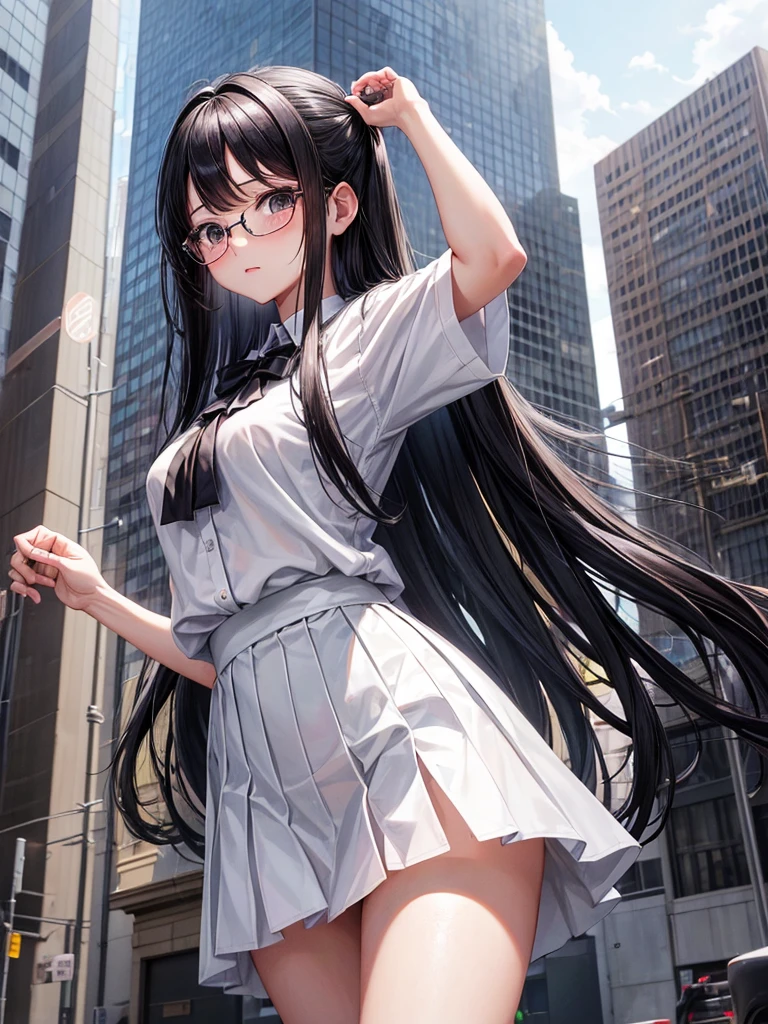 high resolution、high quality、masterpiece、detailed、1 female、Black Hair、Long Hair、Straight Hair、Glasses、White blouse、Black Skirt、Grab the hem of your skirt with both hands and lift it up、Panty shot、White panties、A look of embarrassment、Back of the building、Angle looking up from below、