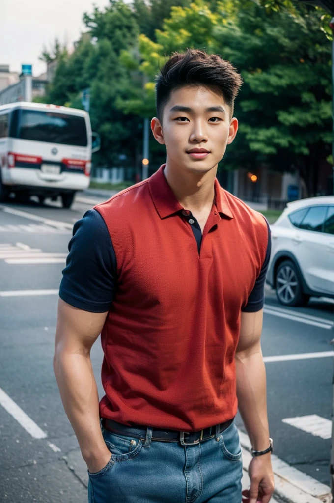 ((realistic daylight)) , Young Korean man in a navy blue polo shirt and jeans, A handsome, muscular young Asian man looks at the camera. In a simple t-shirt blue and red , roadside traffic ,((look sideways))