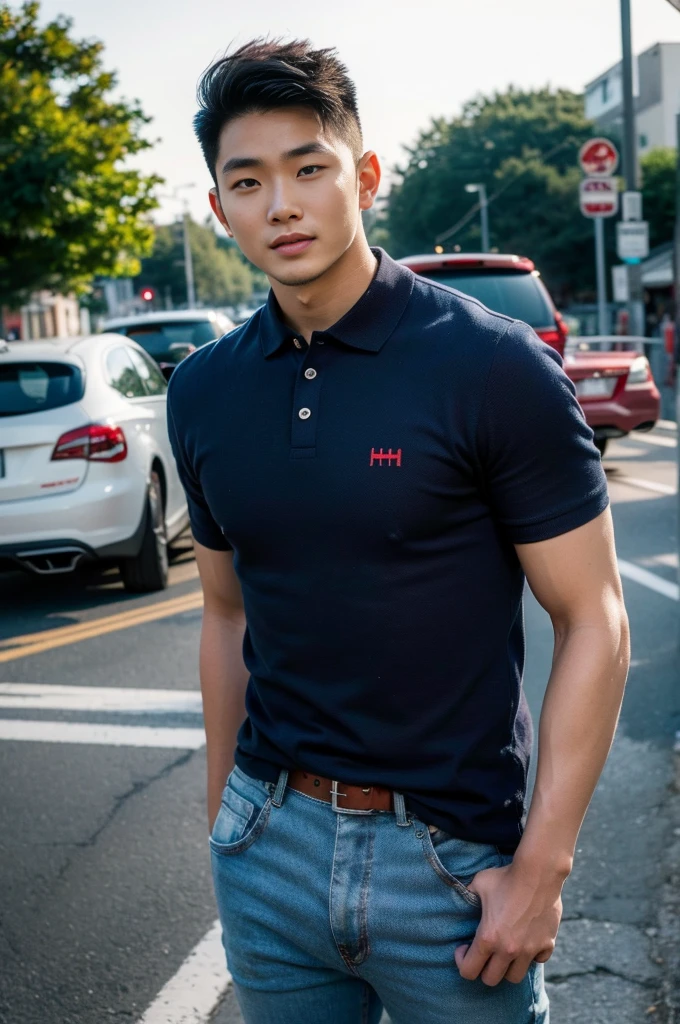 ((realistic daylight)) , Young Korean man in a navy blue polo shirt and jeans, A handsome, muscular young Asian man looks at the camera. In a simple t-shirt blue and red , roadside traffic ,((look sideways))