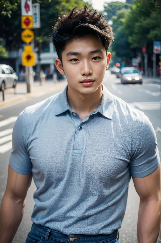((realistic daylight)) , Young Korean man in a navy blue polo shirt and jeans, A handsome, muscular young Asian man looks at the camera. In a simple t-shirt blue and red , roadside traffic ,((look sideways))