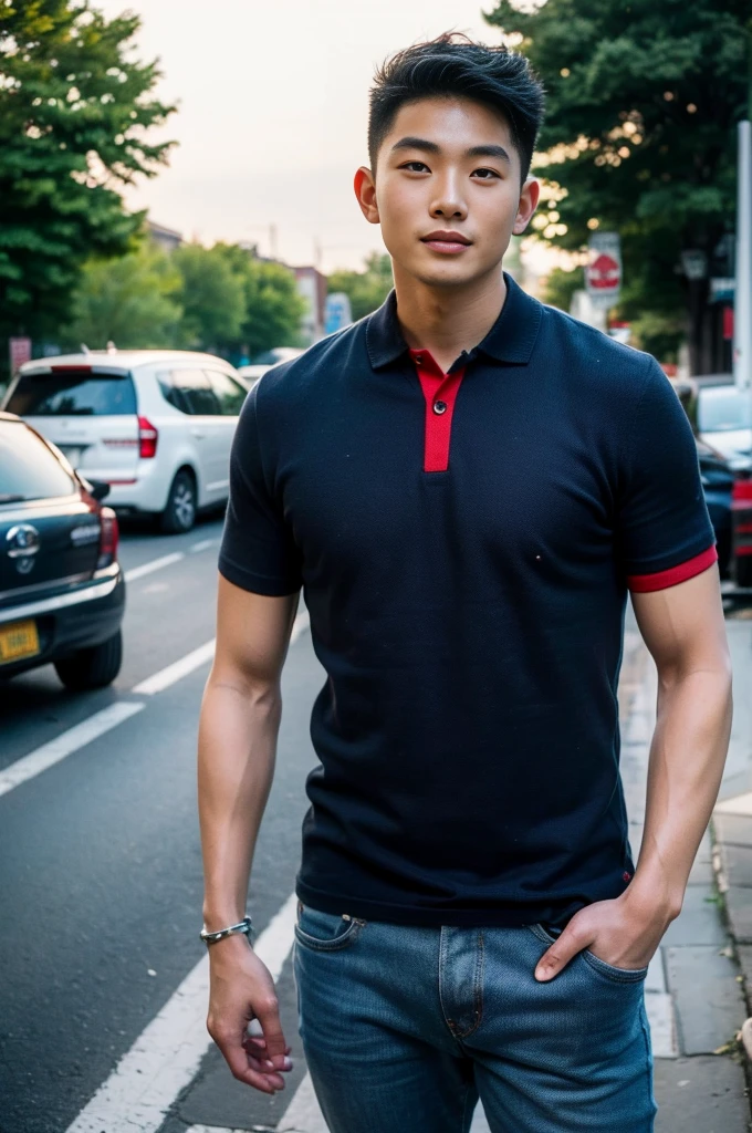 ((realistic daylight)) , Young Korean man in a navy blue polo shirt and jeans, A handsome, muscular young Asian man looks at the camera. In a simple t-shirt blue and red , roadside traffic ,((look sideways))