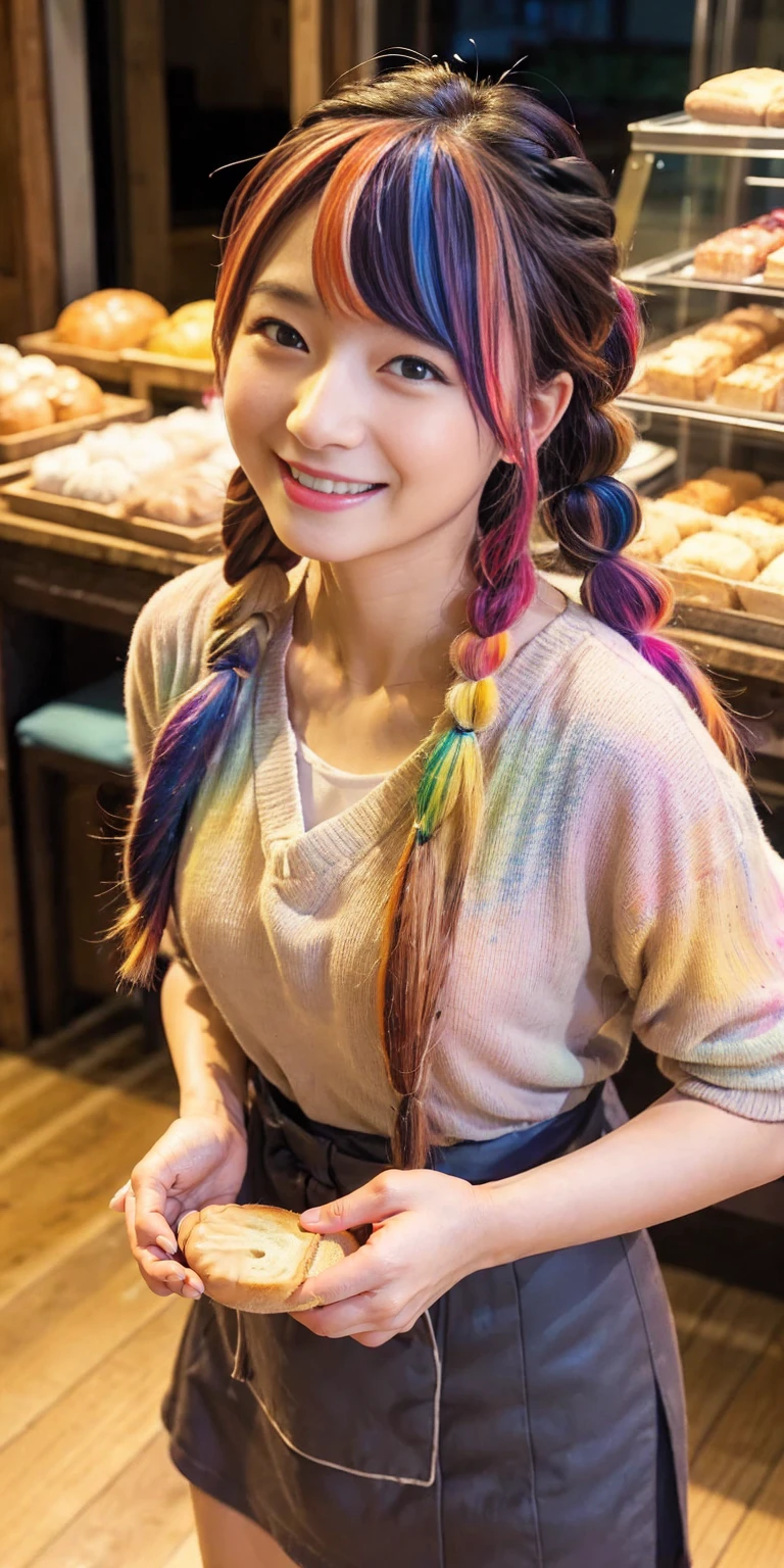 ((holding a large loaf of bread))、
12 year old girl、
Day本アイドル、

Cute Smile、
Lewd smile、　
Panting face、Pant voice、
Fluid organization:1.6), One beautiful girl with really wild hair, (Colorful wavy hair:1.2),( Two long braids:1.2), (Long wild hair:1.2), (Multicolored Hair: 1.9),Cute smile
Bakery Sales Staff、

Angle from directly below、
Low - Angle、スーパーLow - Angle、
apron、
blouse(See-through)、
はだけるblouse、
My shirt is open、
Open shirt、
hot pants、
ピンク色のhot pants、I can see a little underwear、Thighs、Butt、Beautiful buttocks、
I'm cleaning、
I'm wiping the floor.、Wipe the floor with a rag、
Bend over to clean、




clear、serious
Bakery Cafe、bread
Bakery clerk、Day本アイドル、

(masterpiece), (Highest quality:1.4), Absurd, [:Intricate details:0.2],  (View your viewers:1.2), Day,  reflection、
Reddish hair，Golden Student，enjoy，Moist，肉感Thighs，Slim figure，Moist, Glowing pink skin，transparent，Mature Woman，Affectionate expressions，情熱的に取り組んでいます

Day本アイドル