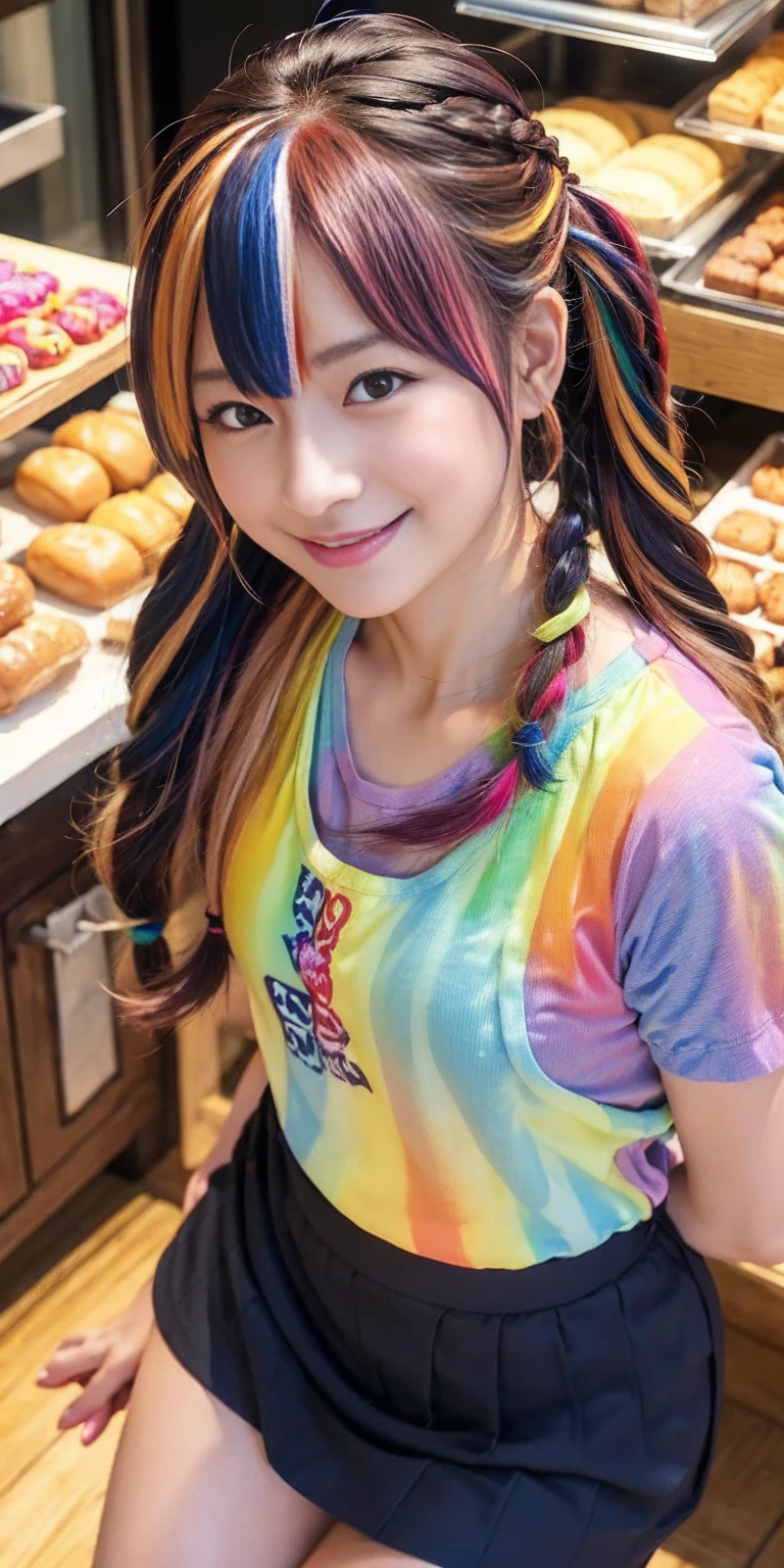 ((holding a large loaf of bread))、
12 year old girl、
Day本アイドル、

Cute Smile、
Lewd smile、　
Panting face、Pant voice、
Fluid organization:1.6), One beautiful girl with really wild hair, (Colorful wavy hair:1.2),( Two long braids:1.2), (Long wild hair:1.2), (Multicolored Hair: 1.9),Cute smile
Bakery Sales Staff、

Angle from directly below、
Low - Angle、スーパーLow - Angle、
apron、
blouse(See-through)、
はだけるblouse、
My shirt is open、
Open shirt、
hot pants、
ピンク色のhot pants、I can see a little underwear、Thighs、Butt、Beautiful buttocks、
I'm cleaning、
I'm wiping the floor.、Wipe the floor with a rag、
Bend over to clean、




clear、serious
Bakery Cafe、bread
Bakery clerk、Day本アイドル、

(masterpiece), (Highest quality:1.4), Absurd, [:Intricate details:0.2],  (View your viewers:1.2), Day,  reflection、
Reddish hair，Golden Student，enjoy，Moist，肉感Thighs，Slim figure，Moist, Glowing pink skin，transparent，Mature Woman，Affectionate expressions，情熱的に取り組んでいます

Day本アイドル