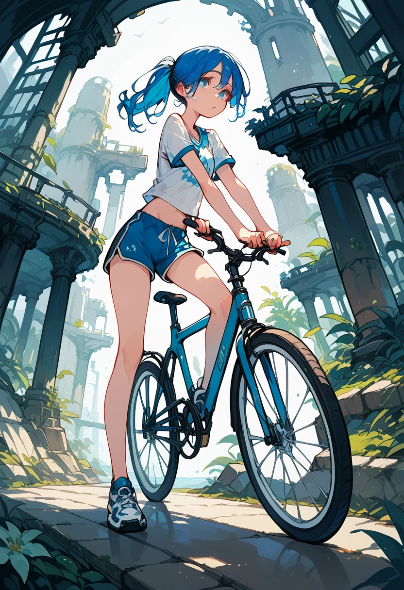 1girl, ponytail, blue hair, blue eyes, rides a bicycle, dolphin shorts, short shorts, maritime ruins
