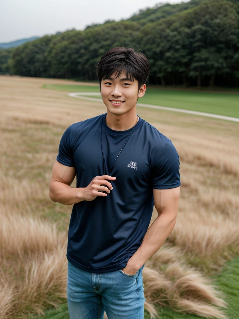 独奏: 1.5, (As a matter of fact, Masterpiece, 8k HD, good light quality, sportswear, fit the face, complicated details), A handsome Korean young man with muscular arms. , 20 years old, be happy, smile brightly, detailed face, delicate eyes, look at the sky, Wear a navy tight T-shirt.:1.6 ,Wear a denim coat., jeans period, black eyes, Black hair color, ผมsmooth, smooth，Surreal，Awesome details，Highest quality，real，Open your mouth to talk. , Close your eyes., (standing in the grass:1.5)