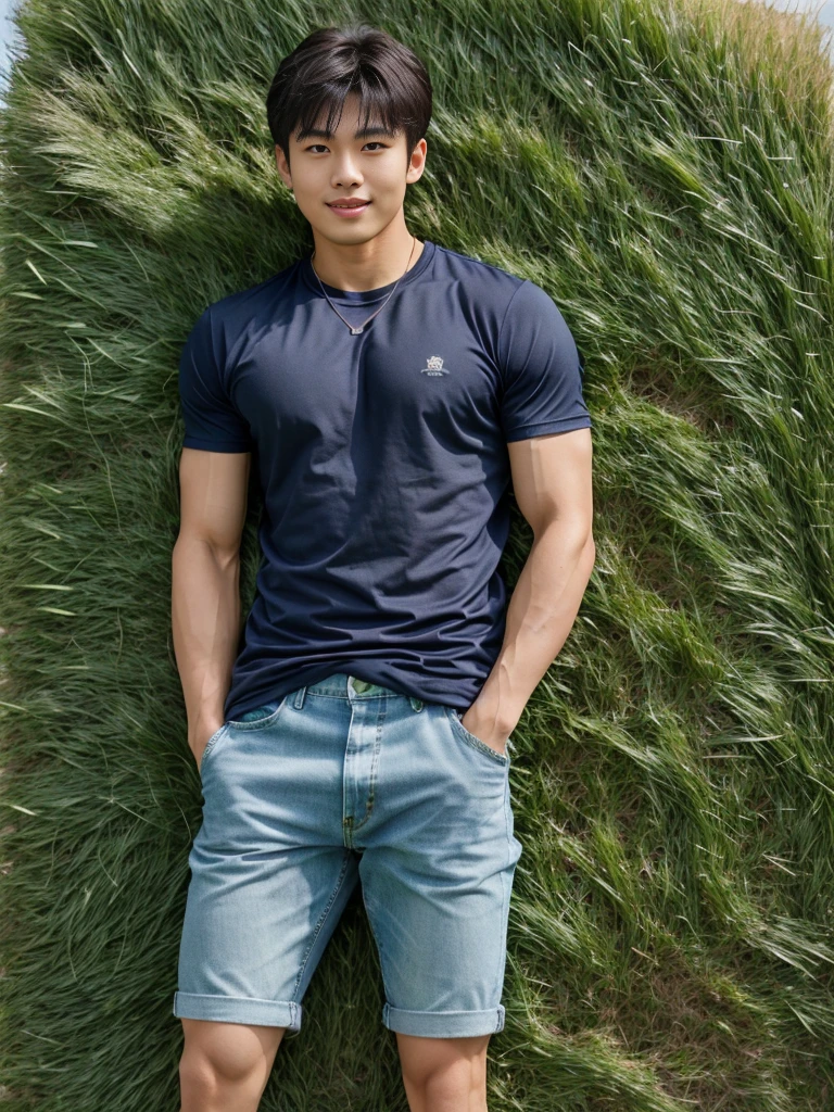 独奏: 1.5, (As a matter of fact, Masterpiece, 8k HD, good light quality, sportswear, fit the face, complicated details), A handsome Korean young man with muscular arms. , 20 years old, be happy, smile brightly, detailed face, delicate eyes, look at the sky, Wear a navy tight T-shirt.:1.6 ,Wear a denim coat., jeans period, black eyes, Black hair color, ผมsmooth, smooth,Surreal,Awesome details,Highest quality,real,Open your mouth to talk. , Close your eyes., (standing in the grass:1.5)