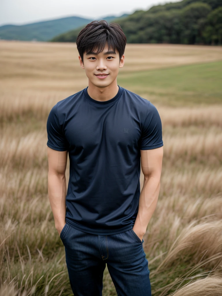 独奏: 1.5, (As a matter of fact, Masterpiece, 8k HD, good light quality, sportswear, fit the face, complicated details), A handsome Korean young man with muscular arms. , 20 years old, be happy, smile brightly, detailed face, delicate eyes, look at the sky, Wear a navy tight T-shirt.:1.6 ,Wear a denim coat., jeans period, black eyes, Black hair color, ผมsmooth, smooth,Surreal,Awesome details,Highest quality,real,Open your mouth to talk. , Close your eyes., (standing in the grass:1.5)
