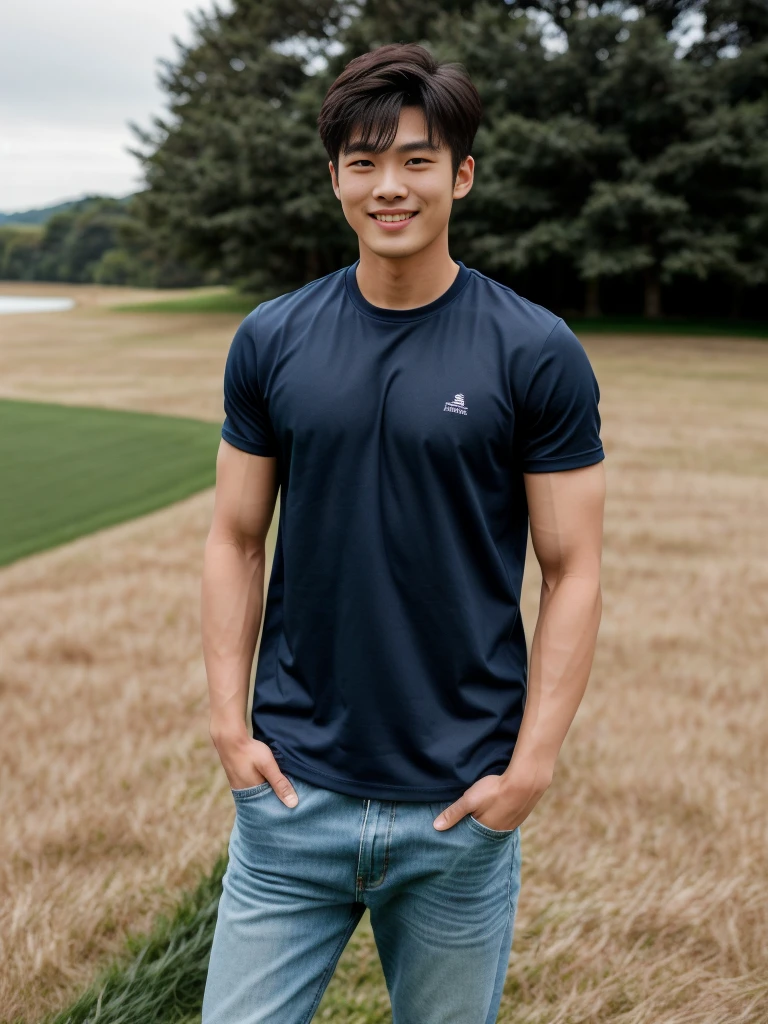 独奏: 1.5, (As a matter of fact, Masterpiece, 8k HD, good light quality, sportswear, fit the face, complicated details), A handsome Korean young man with muscular arms. , 20 years old, be happy, smile brightly, detailed face, delicate eyes, look at the sky, Wear a navy tight T-shirt.:1.6 ,Wear a denim coat., jeans period, black eyes, Black hair color, ผมsmooth, smooth,Surreal,Awesome details,Highest quality,real,Open your mouth to talk. , Close your eyes., (standing in the grass:1.5)